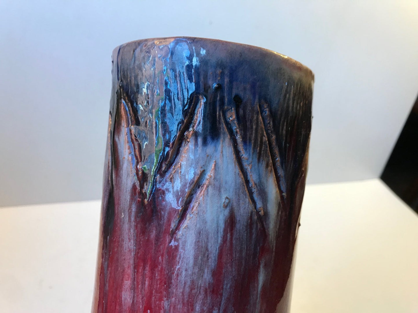 Cylindrical Oxblood and Drip Glaze Ceramic Vase from Helge Bjufstrom, 1960s