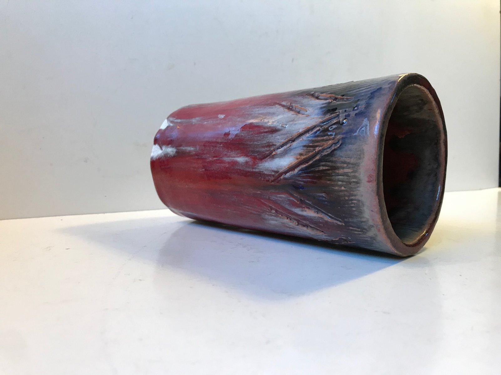 Cylindrical Oxblood and Drip Glaze Ceramic Vase from Helge Bjufstrom, 1960s