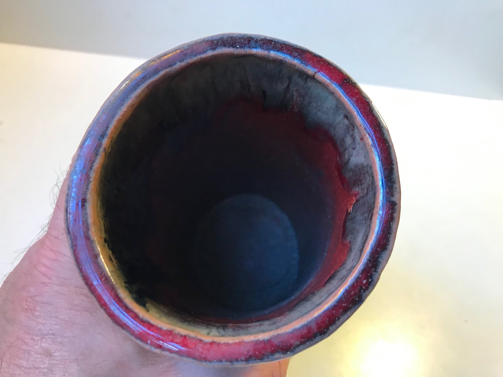 Cylindrical Oxblood and Drip Glaze Ceramic Vase from Helge Bjufstrom, 1960s