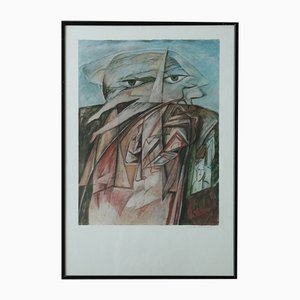 Cyr Frimout, Man with Two Heads, 1990s, Lithograph, Framed-ZAA-1756523