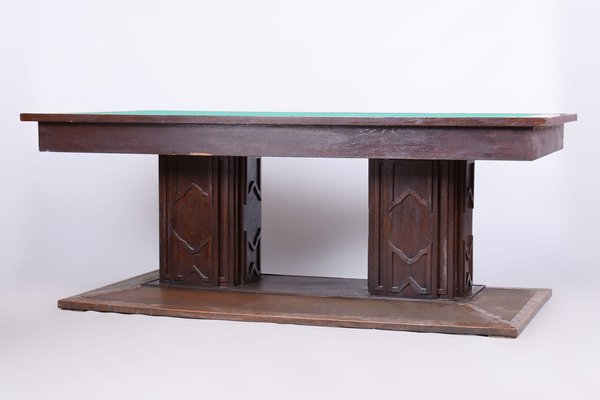 Czech Art Deco Dining Table in Oak, Copper Plating and Glass, 1930s-WHY-1747248