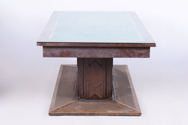 Czech Art Deco Dining Table in Oak, Copper Plating and Glass, 1930s-WHY-1747248