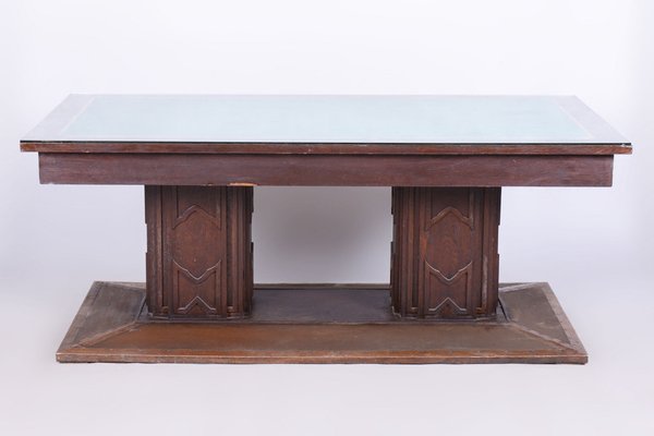 Czech Art Deco Dining Table in Oak, Copper Plating and Glass, 1930s-WHY-1747248