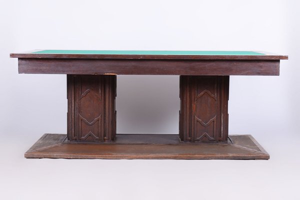 Czech Art Deco Dining Table in Oak, Copper Plating and Glass, 1930s-WHY-1747248