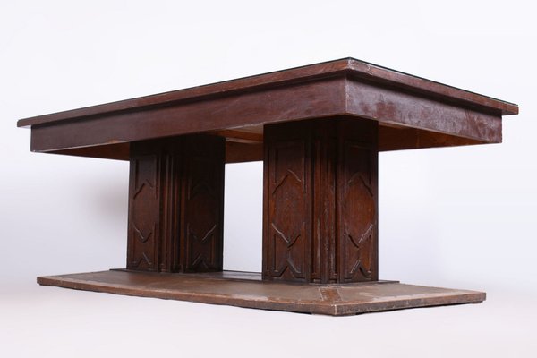 Czech Art Deco Dining Table in Oak, Copper Plating and Glass, 1930s-WHY-1747248