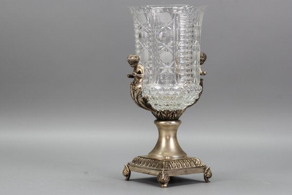 Czech Crystal Glass and Brass Vase with Cherubs, 1970s-KEG-1749323