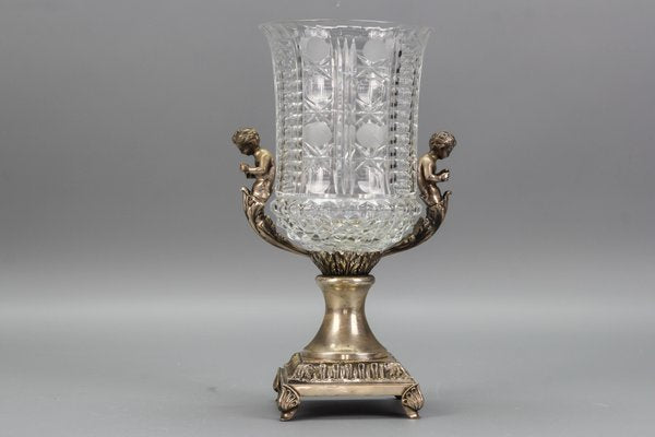 Czech Crystal Glass and Brass Vase with Cherubs, 1970s-KEG-1749323