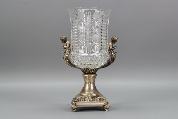 Czech Crystal Glass and Brass Vase with Cherubs, 1970s-KEG-1749323