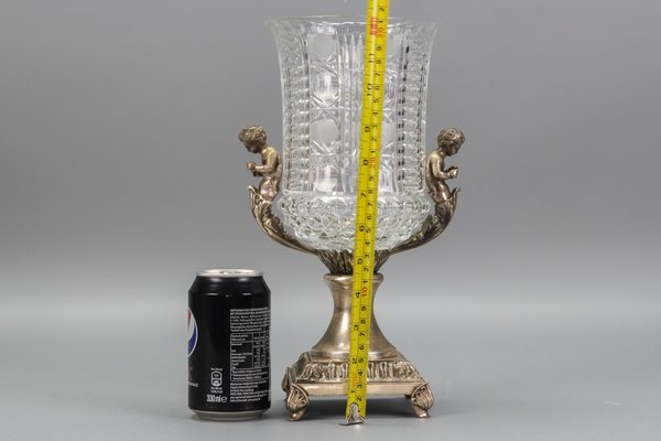 Czech Crystal Glass and Brass Vase with Cherubs, 1970s-KEG-1749323