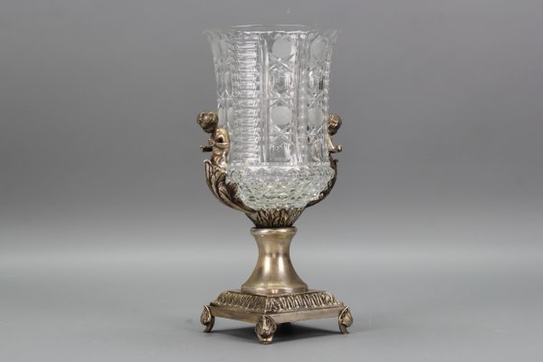 Czech Crystal Glass and Brass Vase with Cherubs, 1970s-KEG-1749323