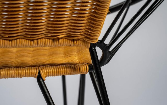 Czech Metal and Rattan Armchairs with Glass and Metal Table, 1960, Set of 2-UCP-1778140