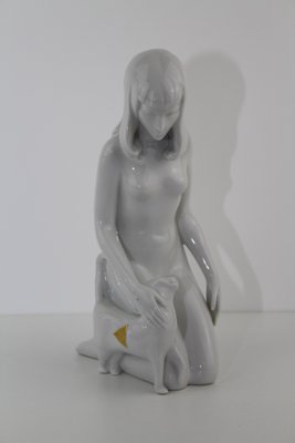 Czech Porcelain Girl with Cat Figurine from Royal Dux, 1960s-ZWH-796663