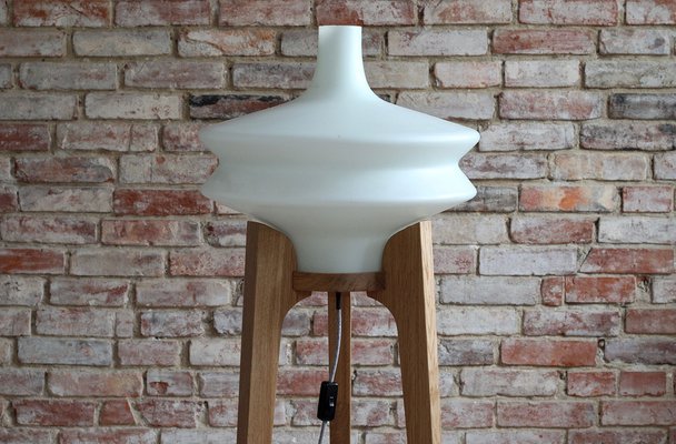 Czech Republican Space Age Floor Lamp with White Glass Lampshade and Wooden Tripod Base, 1960s-MJR-1320432