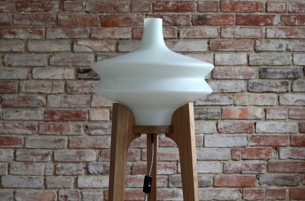 Czech Republican Space Age Floor Lamp with White Glass Lampshade and Wooden Tripod Base, 1960s-MJR-1320432