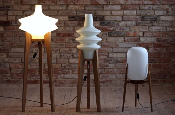 Czech Republican Space Age Floor Lamp with White Glass Lampshade and Wooden Tripod Base, 1960s-MJR-1320432