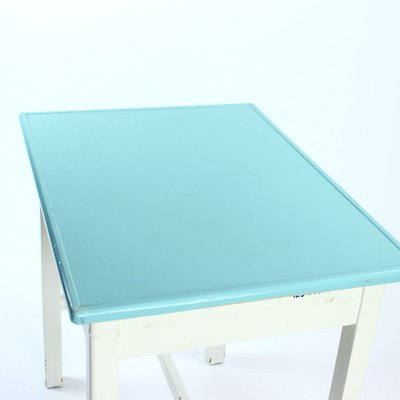 Czechoslovak White & Turquoise Wooden Farm Table, 1950s-UL-909160