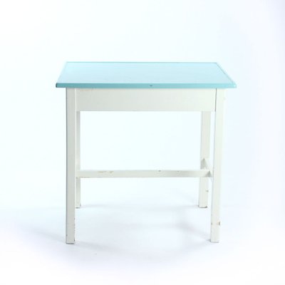 Czechoslovak White & Turquoise Wooden Farm Table, 1950s-UL-909160