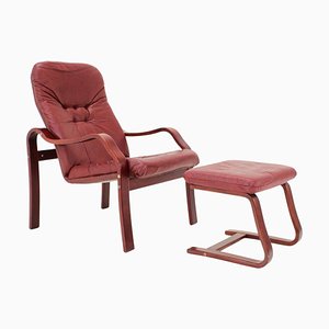 Czechoslovakian Leather Lounge Chair with Footrest from Ton, 1980, Set of 2-TZ-1262925