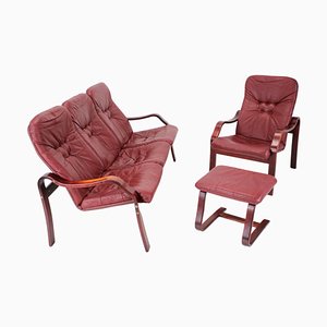 Czechoslovakian Living Room Set in Leather from Ton, 1980, Set of 3-TZ-1262912