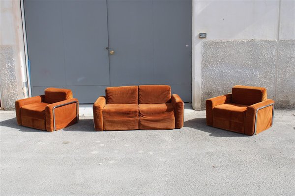 Da Salotto Sofa and Armchairs Armchair in Cubic Orange and Steel, Italy, 1970s, Set of 3-EH-1736418