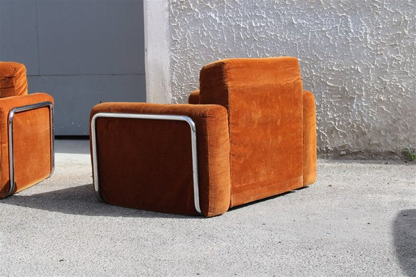 Da Salotto Sofa and Armchairs Armchair in Cubic Orange and Steel, Italy, 1970s, Set of 3-EH-1736418