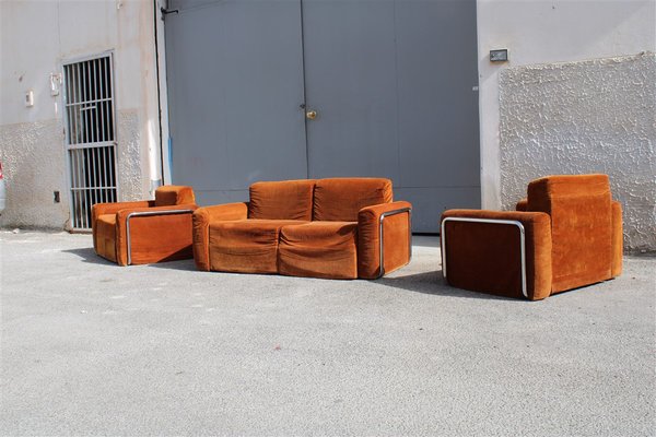 Da Salotto Sofa and Armchairs Armchair in Cubic Orange and Steel, Italy, 1970s, Set of 3-EH-1736418