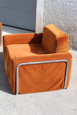 Da Salotto Sofa and Armchairs Armchair in Cubic Orange and Steel, Italy, 1970s, Set of 3-EH-1736418