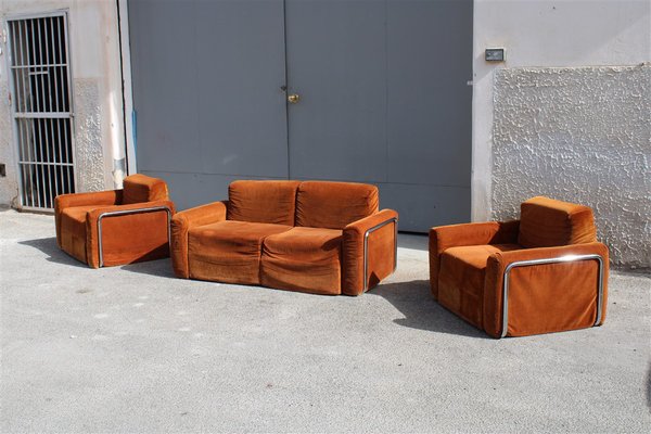 Da Salotto Sofa and Armchairs Armchair in Cubic Orange and Steel, Italy, 1970s, Set of 3-EH-1736418