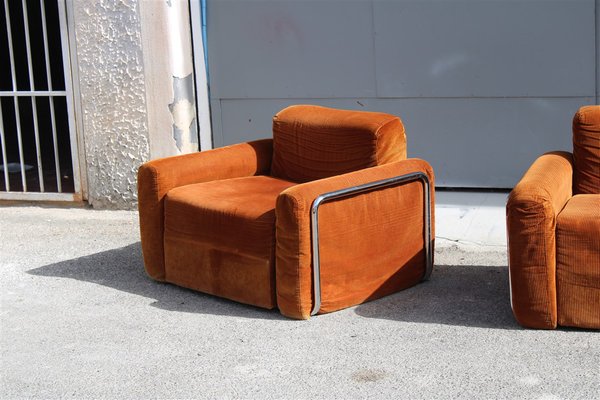 Da Salotto Sofa and Armchairs Armchair in Cubic Orange and Steel, Italy, 1970s, Set of 3-EH-1736418