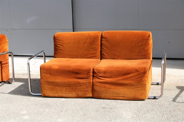 Da Salotto Sofa and Armchairs Armchair in Cubic Orange and Steel, Italy, 1970s, Set of 3-EH-1736418