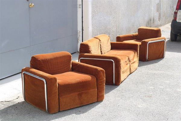 Da Salotto Sofa and Armchairs Armchair in Cubic Orange and Steel, Italy, 1970s, Set of 3-EH-1736418