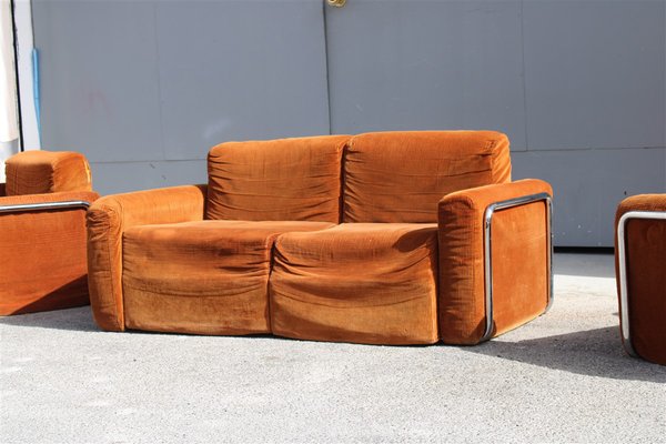 Da Salotto Sofa and Armchairs Armchair in Cubic Orange and Steel, Italy, 1970s, Set of 3-EH-1736418