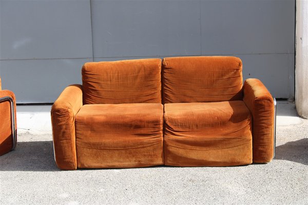 Da Salotto Sofa and Armchairs Armchair in Cubic Orange and Steel, Italy, 1970s, Set of 3-EH-1736418