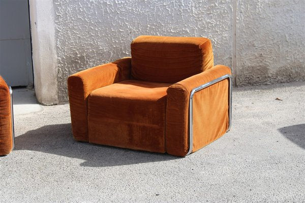 Da Salotto Sofa and Armchairs Armchair in Cubic Orange and Steel, Italy, 1970s, Set of 3-EH-1736418