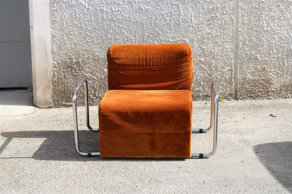 Da Salotto Sofa and Armchairs Armchair in Cubic Orange and Steel, Italy, 1970s, Set of 3-EH-1736418