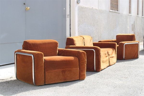 Da Salotto Sofa and Armchairs Armchair in Cubic Orange and Steel, Italy, 1970s, Set of 3-EH-1736418