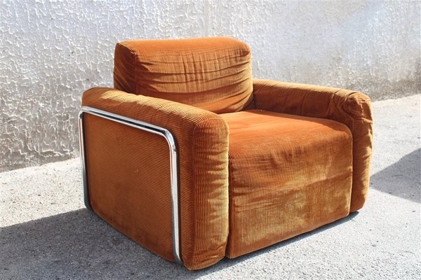 Da Salotto Sofa and Armchairs Armchair in Cubic Orange and Steel, Italy, 1970s, Set of 3-EH-1736418