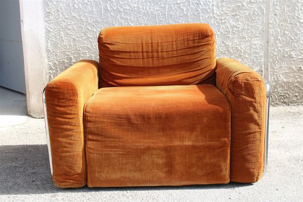 Da Salotto Sofa and Armchairs Armchair in Cubic Orange and Steel, Italy, 1970s, Set of 3-EH-1736418