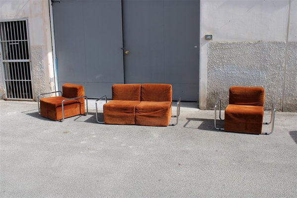 Da Salotto Sofa and Armchairs Armchair in Cubic Orange and Steel, Italy, 1970s, Set of 3-EH-1736418