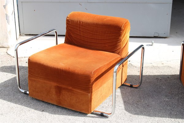 Da Salotto Sofa and Armchairs Armchair in Cubic Orange and Steel, Italy, 1970s, Set of 3-EH-1736418