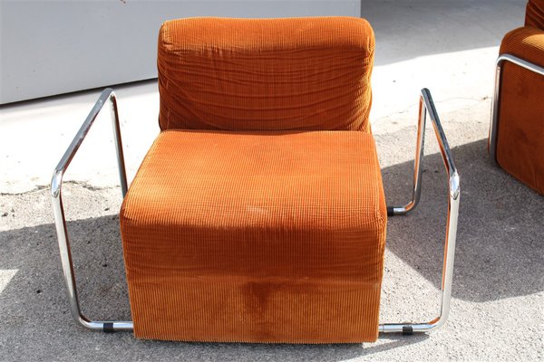 Da Salotto Sofa and Armchairs Armchair in Cubic Orange and Steel, Italy, 1970s, Set of 3-EH-1736418