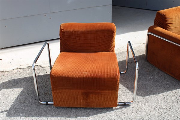 Da Salotto Sofa and Armchairs Armchair in Cubic Orange and Steel, Italy, 1970s, Set of 3-EH-1736418