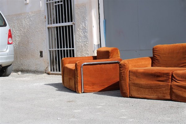 Da Salotto Sofa and Armchairs Armchair in Cubic Orange and Steel, Italy, 1970s, Set of 3-EH-1736418