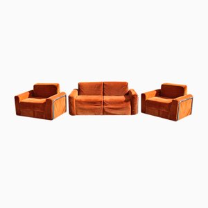 Da Salotto Sofa and Armchairs Armchair in Cubic Orange and Steel, Italy, 1970s, Set of 3-EH-1736418