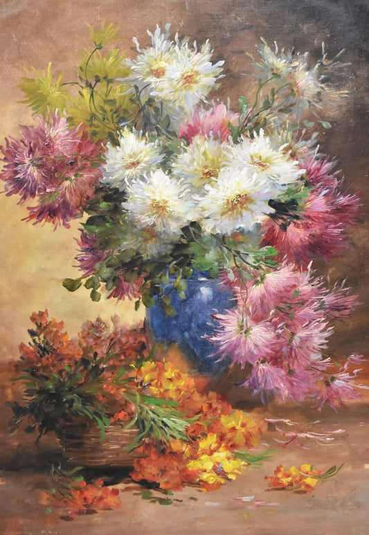 Dahlias and Little Roses, Large Oil on Canvas, 19th Century, Framed