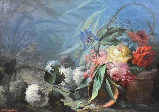 Dahlias, Roses and Hydrangeas, Oil on Canvas, 19th Century, Framed