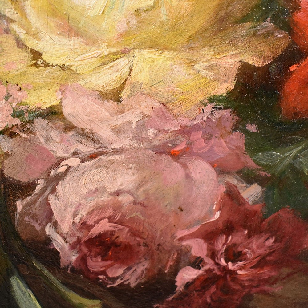 Dahlias, Roses and Hydrangeas, Oil on Canvas, 19th Century, Framed