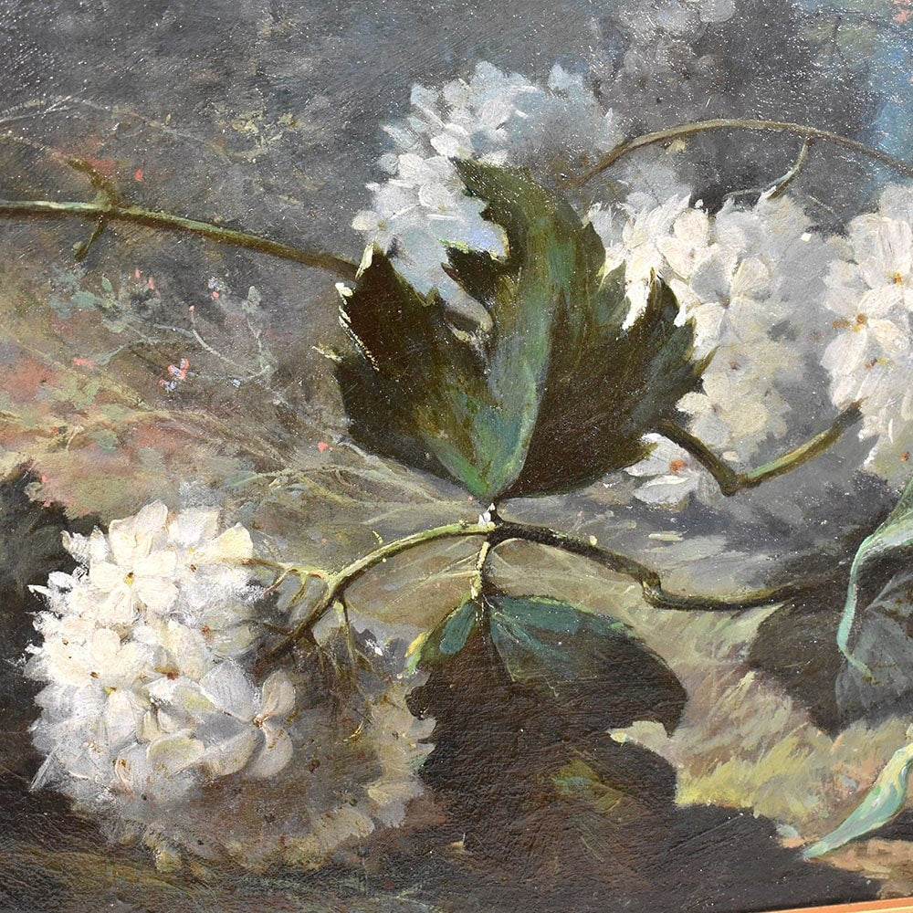 Dahlias, Roses and Hydrangeas, Oil on Canvas, 19th Century, Framed