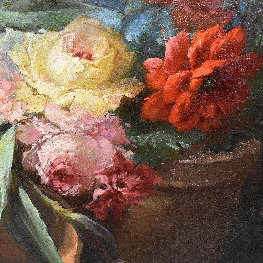 Dahlias, Roses and Hydrangeas, Oil on Canvas, 19th Century, Framed