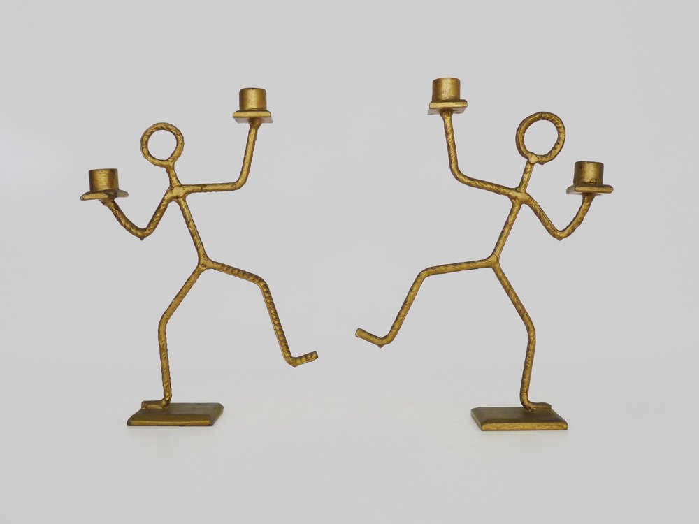 Dancing Man Candleholders in Welded Metal Rod, 1970s, Set of 2